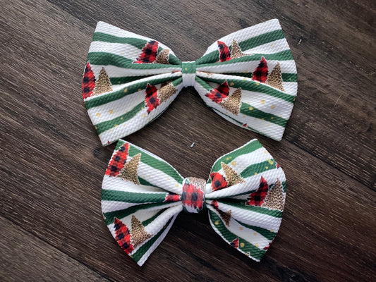 5” Bow on Clip- Green and White Strips with Plaid and Cheetah Christmas Trees