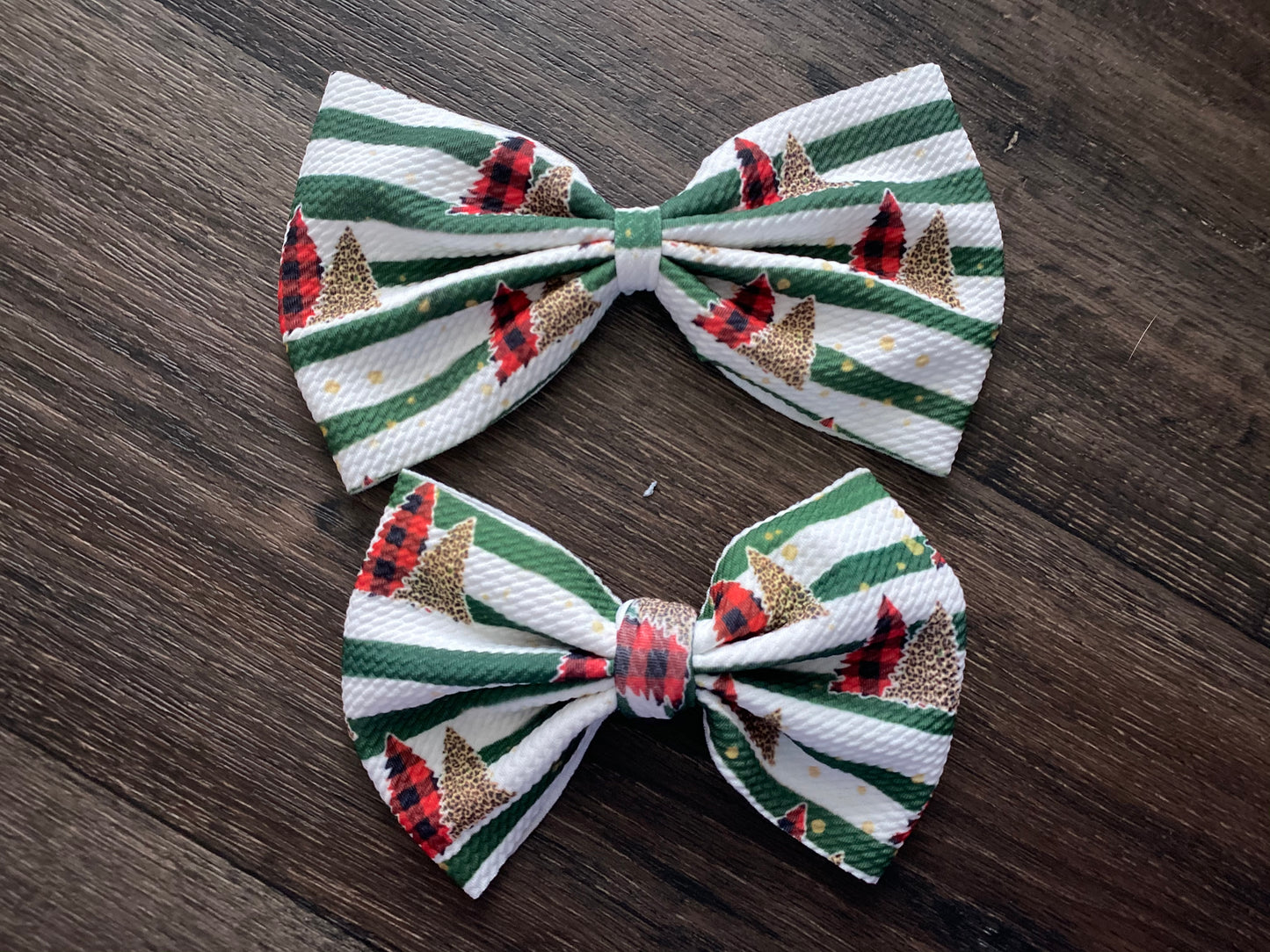 4” Bow on Clip- Green and White Strips with Plaid and Cheetah Christmas Trees