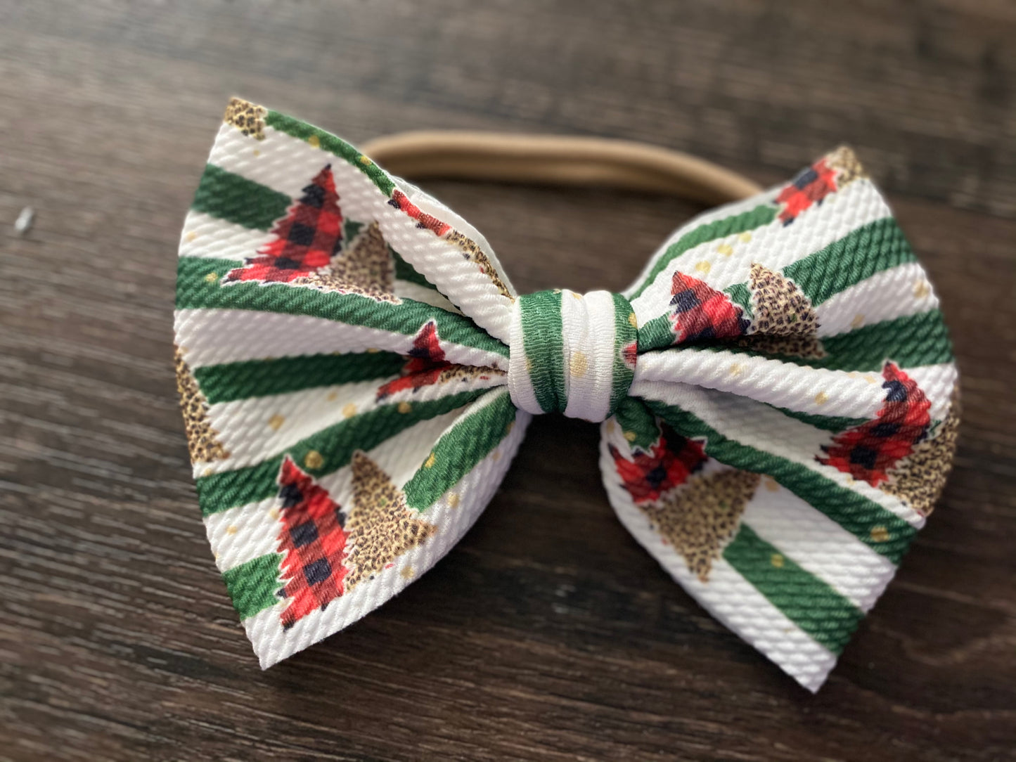 XL Bow on Nylon- Green and White Strips with Plaid and Cheetah Christmas Trees