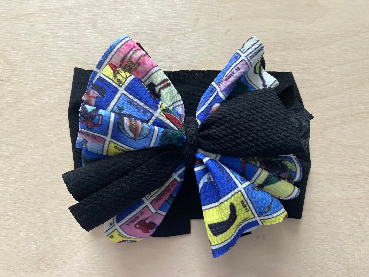 Infant Headwrap with Bow- Black with Lotería Strips