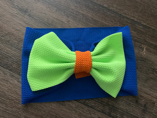 Child Blue Headwrap with Green Bow